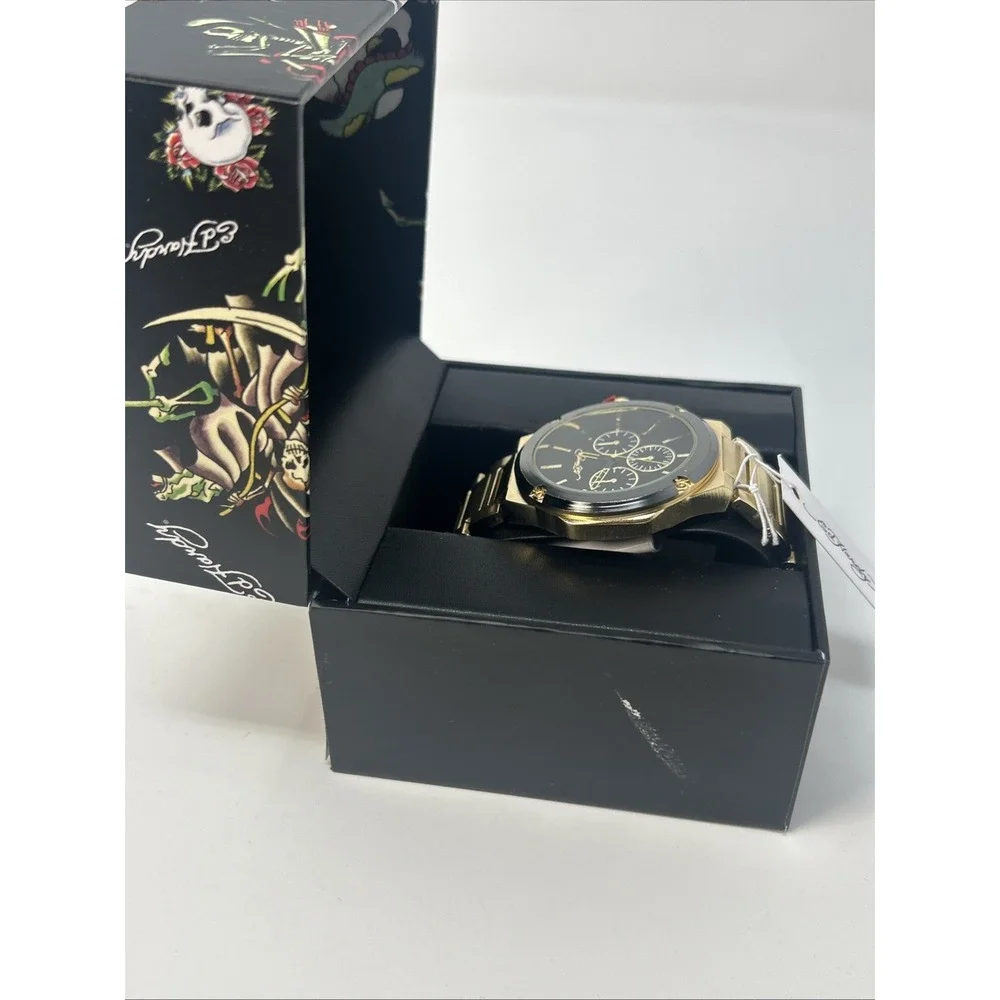 NIB Ed Hardy Men's Gold Tone Chronograph Watch Black Dial ($95 Retail)